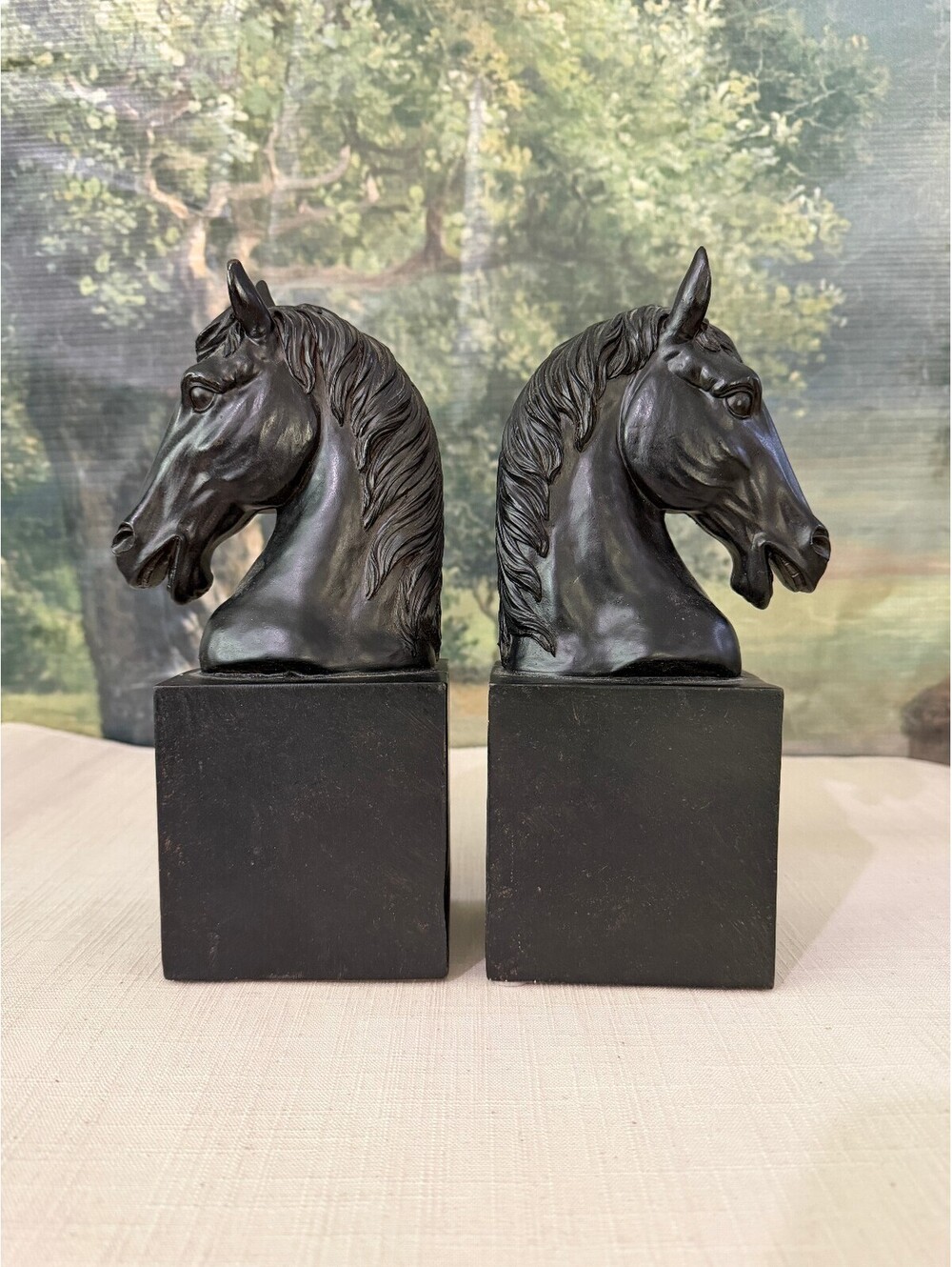 Vintage Black Horse Head Bookends on Square Bases